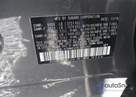 2020 Subaru Ascent Premium z USA, uszkodzony, nr VIN 4S4WMACD8L3434863